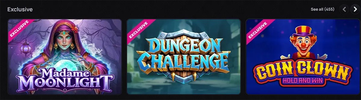 Casino “Exclusive” games section featuring Madame Moonlight, Dungeon Challenge, and Coin Clown Hold and Win, each marked as exclusive and displayed as colorful game thumbnails on a dark interface.