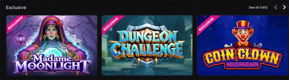 Casino “Exclusive” games section featuring Madame Moonlight, Dungeon Challenge, and Coin Clown Hold and Win, each marked as exclusive and displayed as colorful game thumbnails on a dark interface.