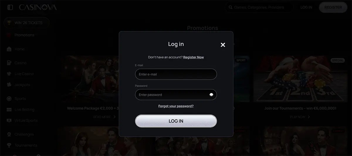 Casino login popup with email and password fields, a “Forgot your password?” link, and a prominent “Log In” button, along with a registration option above on a dark-themed interface.