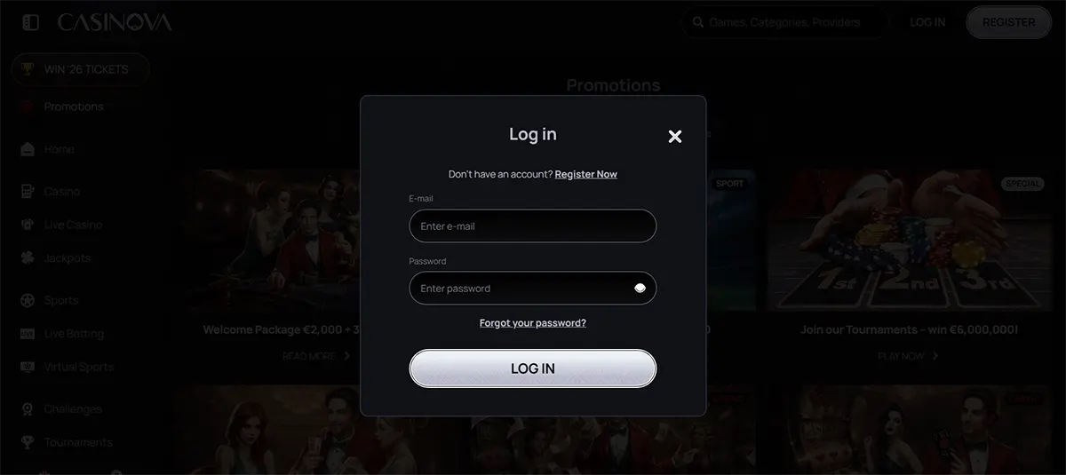 Casino login popup with email and password fields, a “Forgot your password?” link, and a prominent “Log In” button, along with a registration option above on a dark-themed interface.